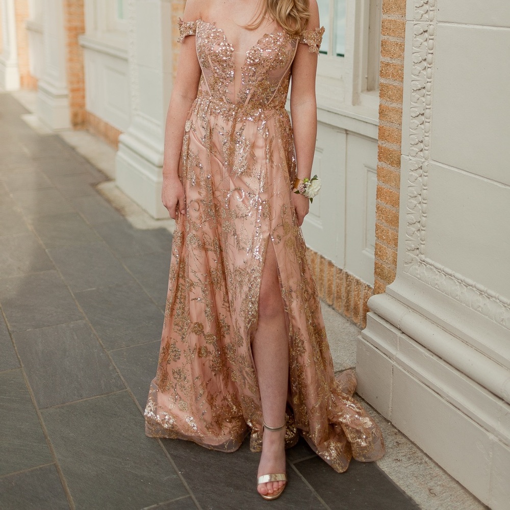 Stella Couture Gold Embellished Prom Dress